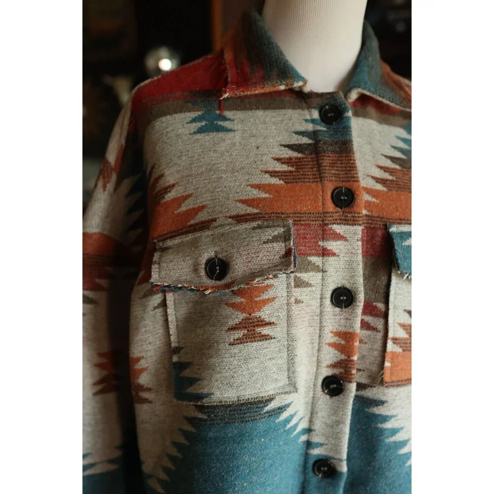 Boho Aztec Tribal Southwestern Print Shacket Yellowstone Shirt Jacket Coat L - Picture 3 of 12